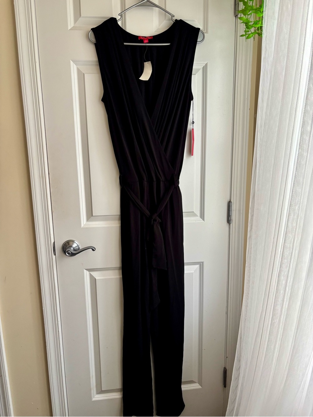 New York & Company Black Sleeveless Wrap Jumpsuit with Tie Waist